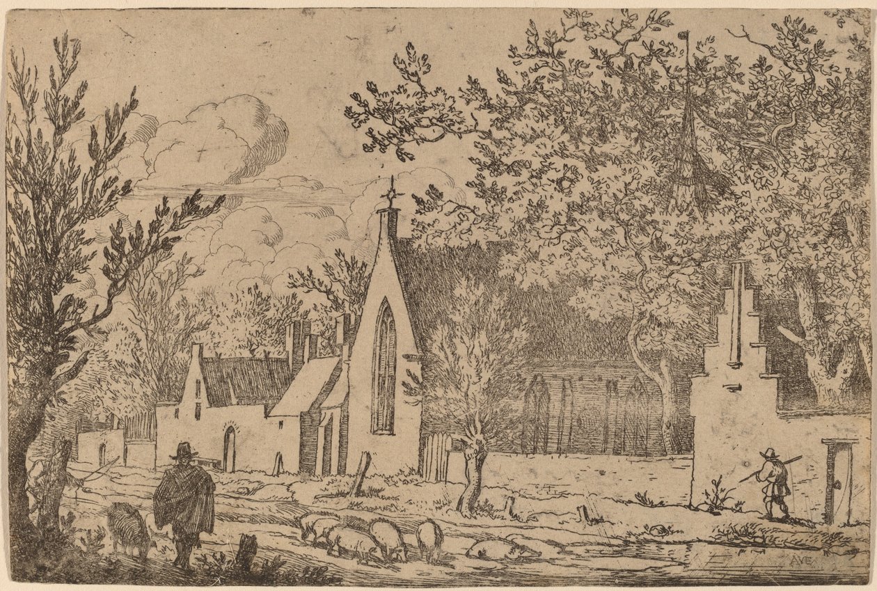 Svineflokk nær et kapell, sannsynligvis ca. 16451656. av Allart van Everdingen