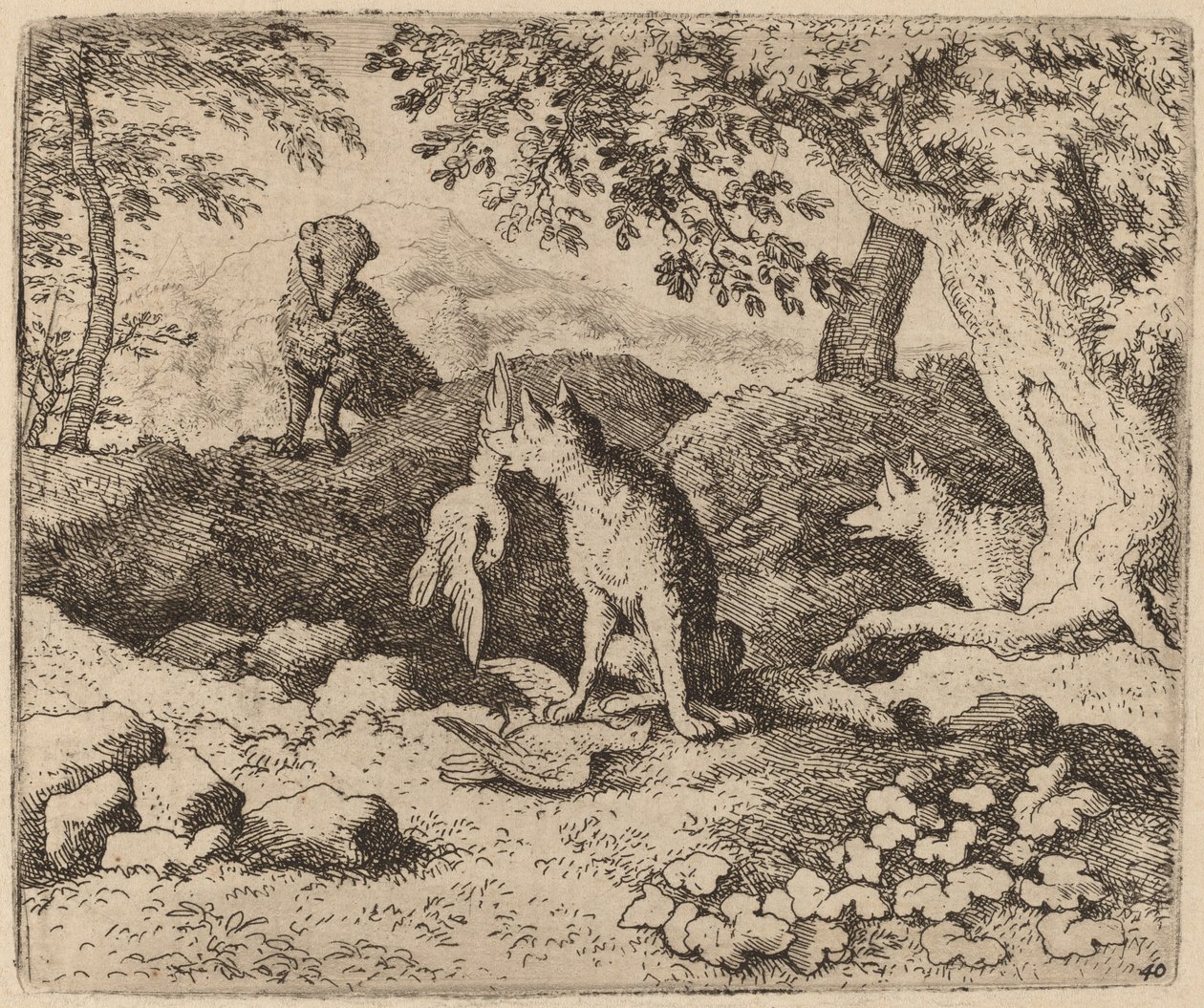 Grevlingen går for å advare Reynard, sannsynligvis ca. 16451656. av Allart van Everdingen