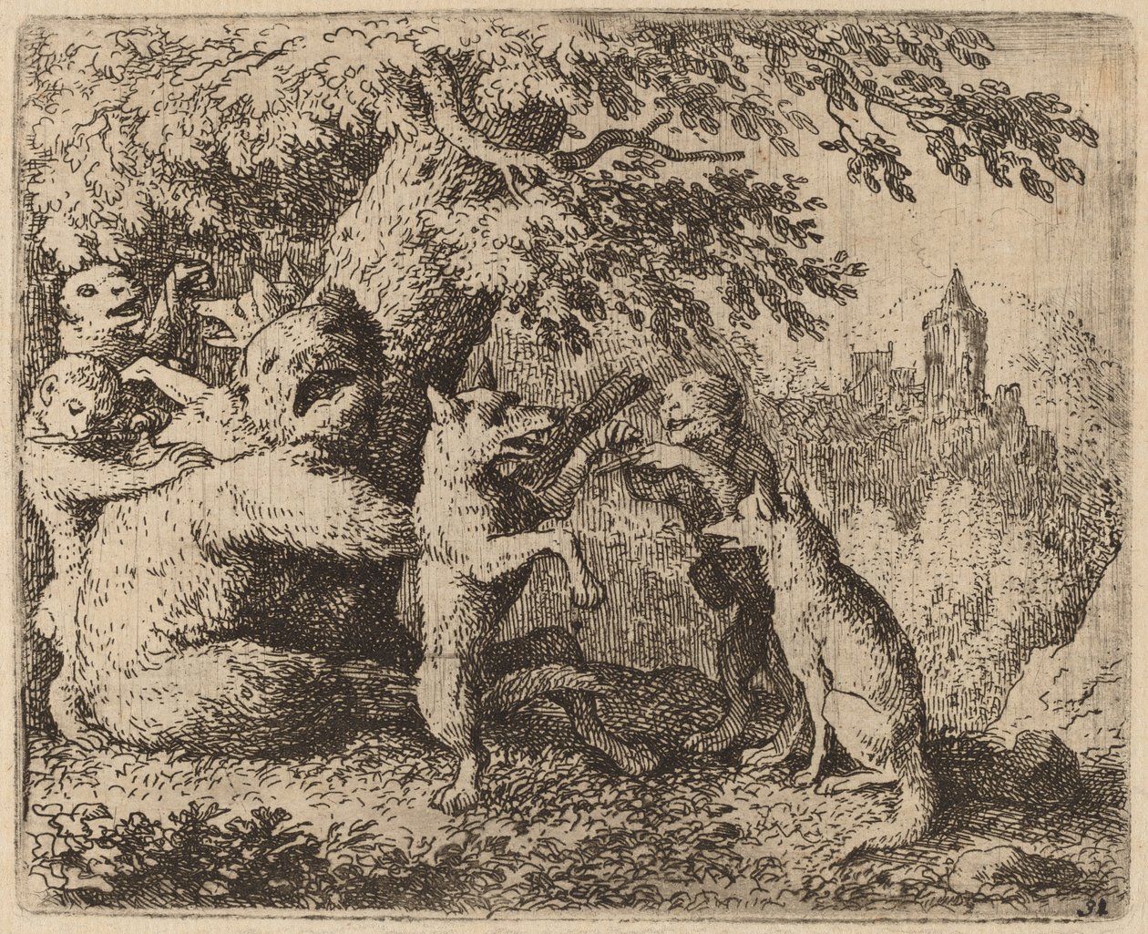 Bjørnen og ulven blir forfulgt, sannsynligvis ca. 16451656. av Allart van Everdingen