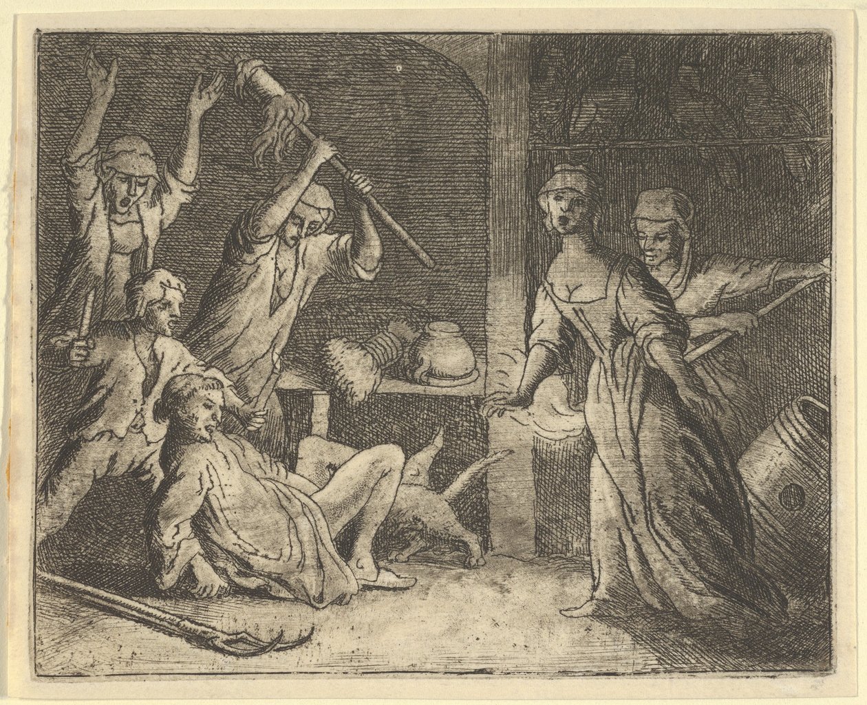 Katten, fanget i en snare, blir mishandlet av folket fra huset, 1650-75. av Allart van Everdingen