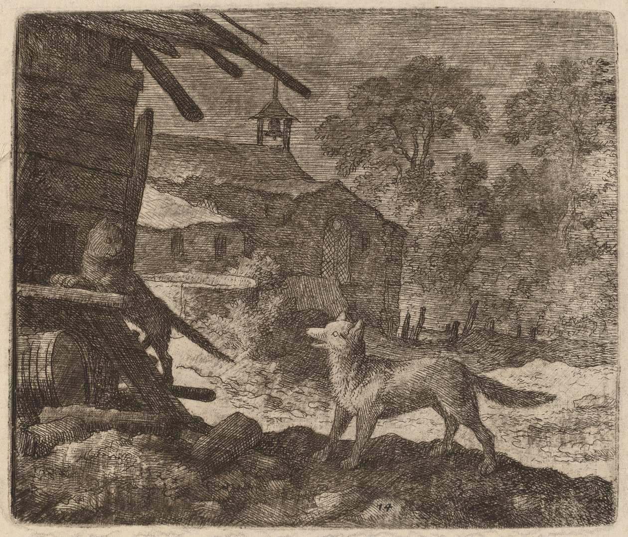 Katten går inn i låven mens Reynard ser på, sannsynligvis ca. 16451656. av Allart van Everdingen