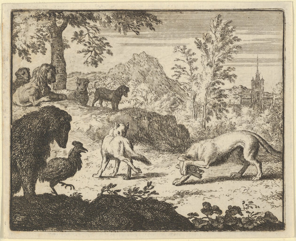 Løven tillater en kamp mellom ulven og Renard, 1650-75. av Allart van Everdingen