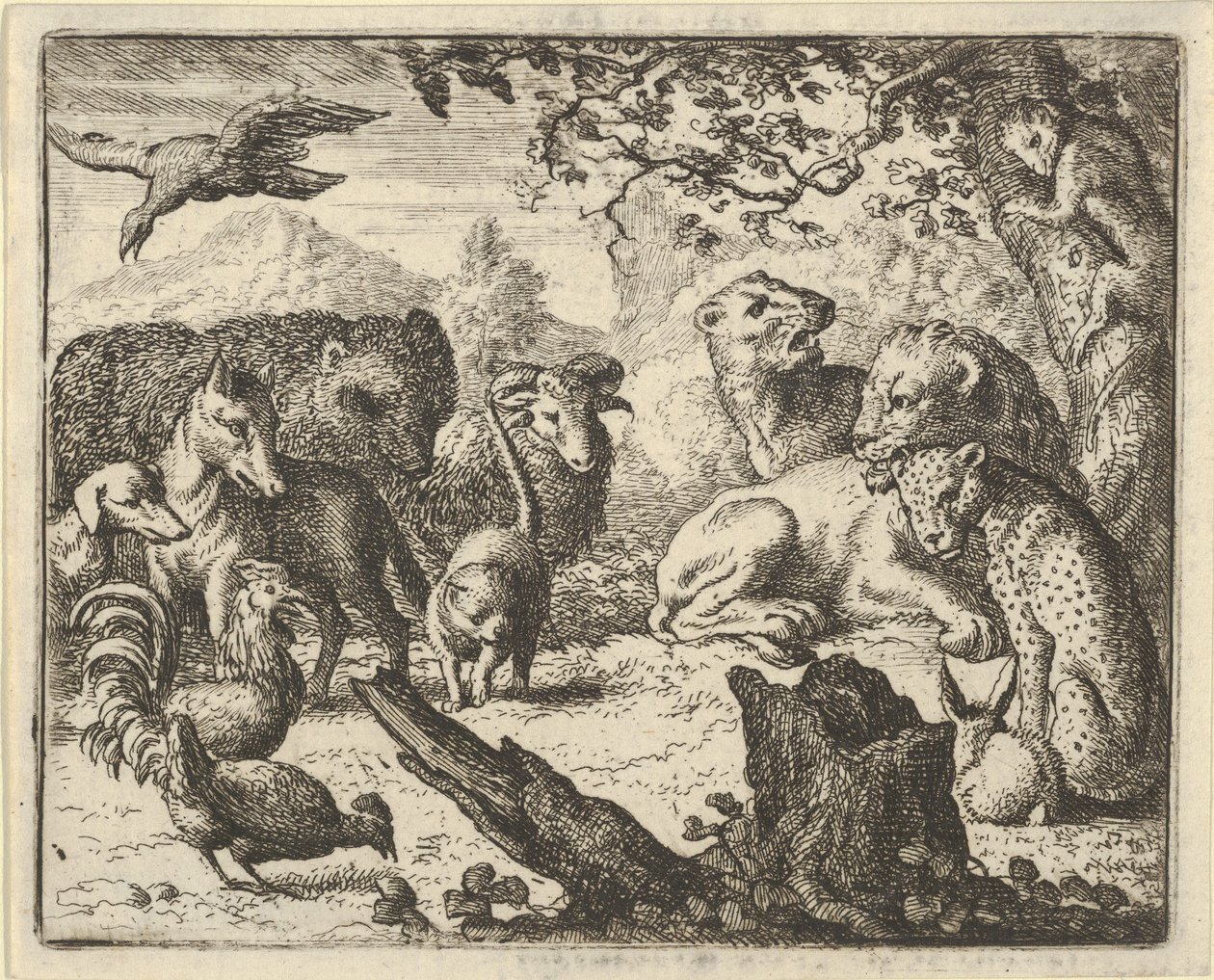Løven kunngjør en varig fred til dyrene som omgir ham, 1650-75. av Allart van Everdingen