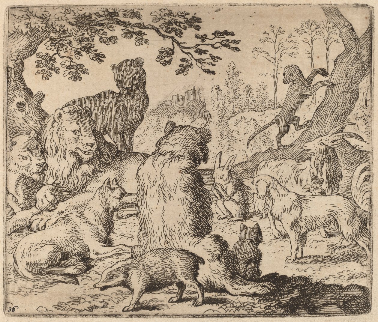 Løven beordrer et masseangrep på Reynard, sannsynligvis ca. 16451656. av Allart van Everdingen