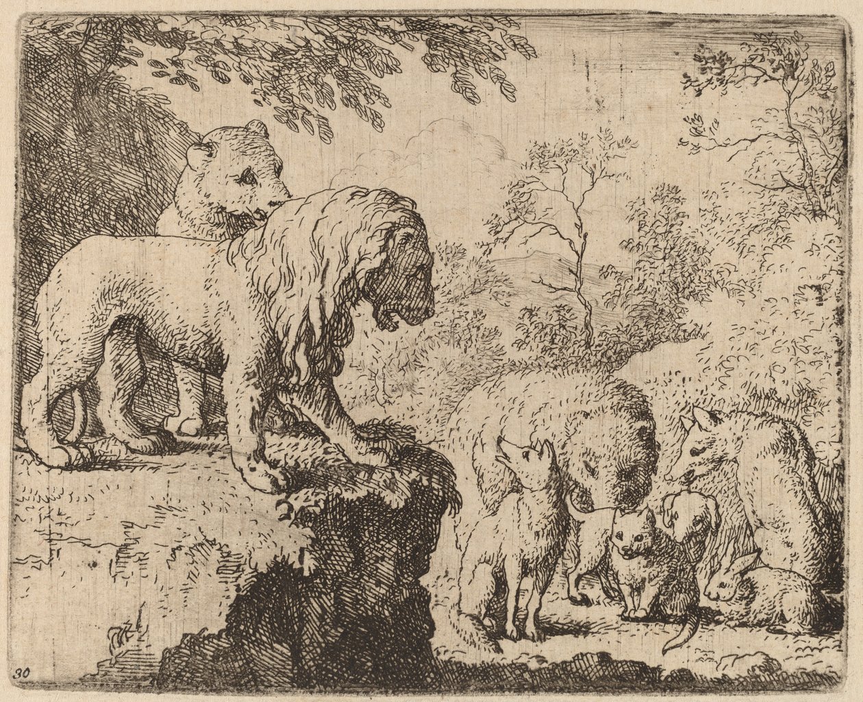 Løven benåder Reynard før de andre dyrene, sannsynligvis ca. 16451656. av Allart van Everdingen