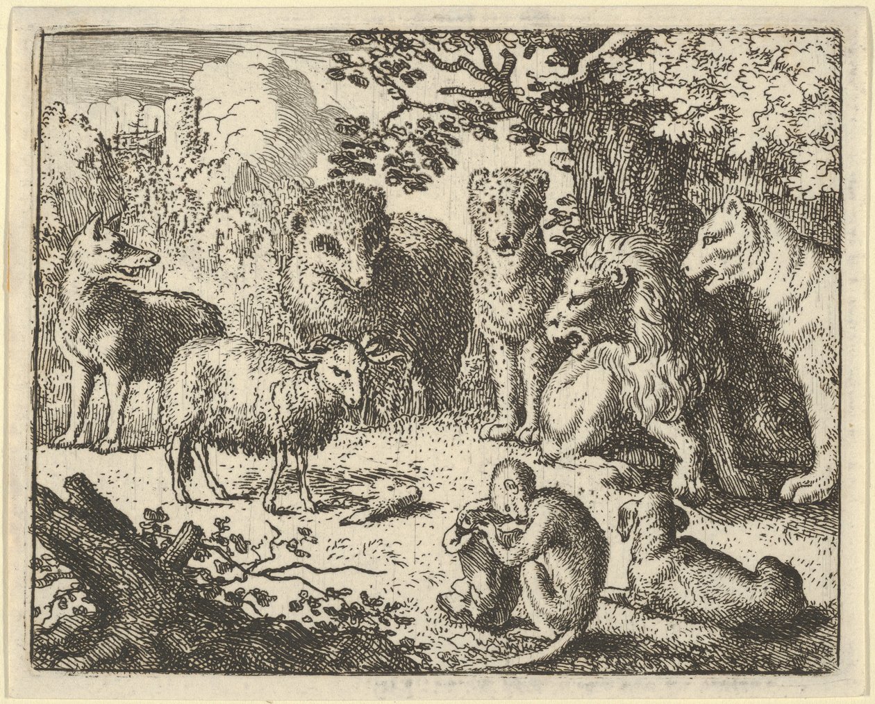 Apen åpner pakken og fjerner kaninens hode til den store overraskelsen til..., 1650-75. av Allart van Everdingen