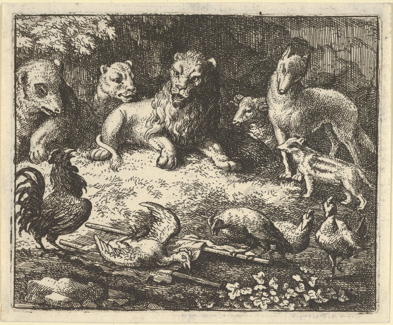 Hanen anklager Renard for å ha myrdet kyllingen sin, 1650-75. av Allart van Everdingen