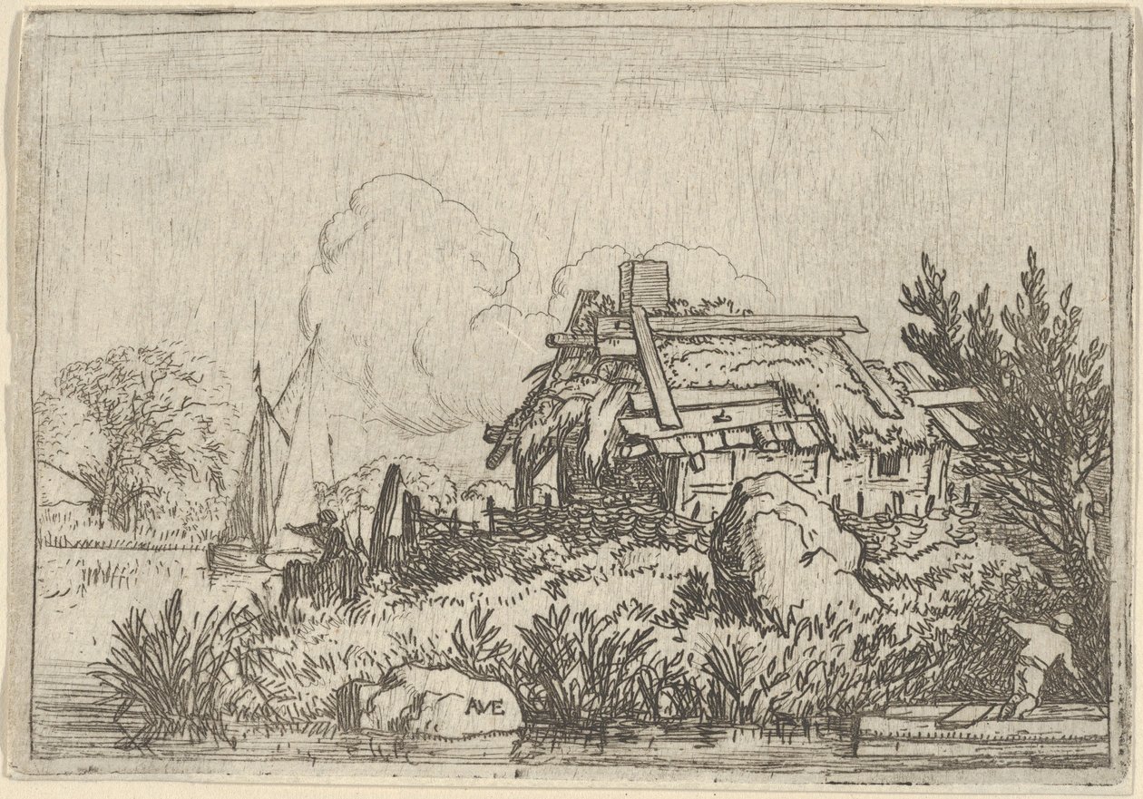 The Ruined Cottage, omgitt av vann, 1600-tallet. av Allart van Everdingen