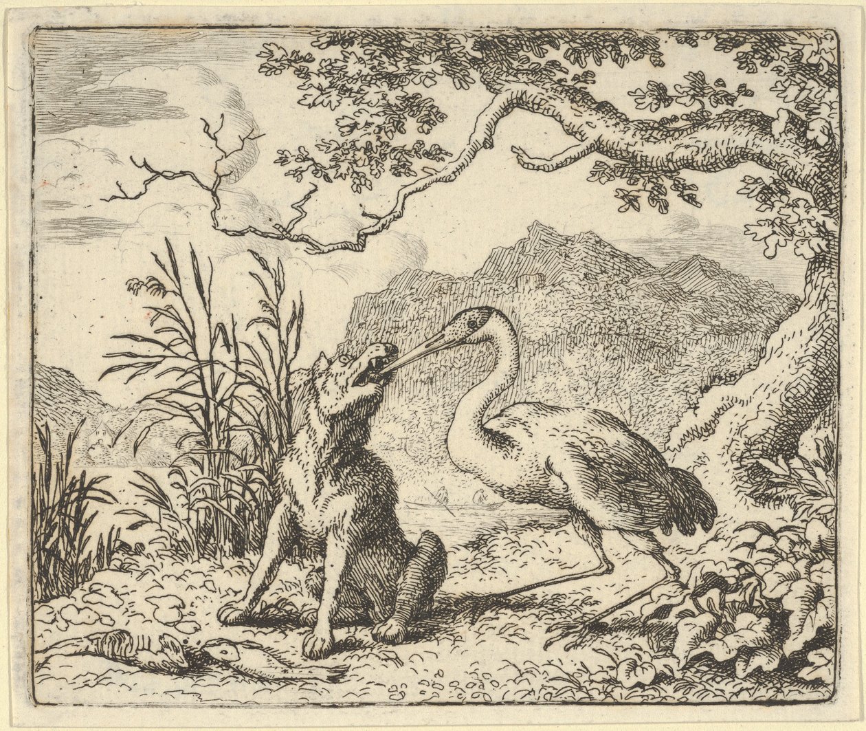 Storken fjerner et bein fra ulvens hals fra Hendrick van Alcmars Renard The F..., 1650-75. av Allart van Everdingen