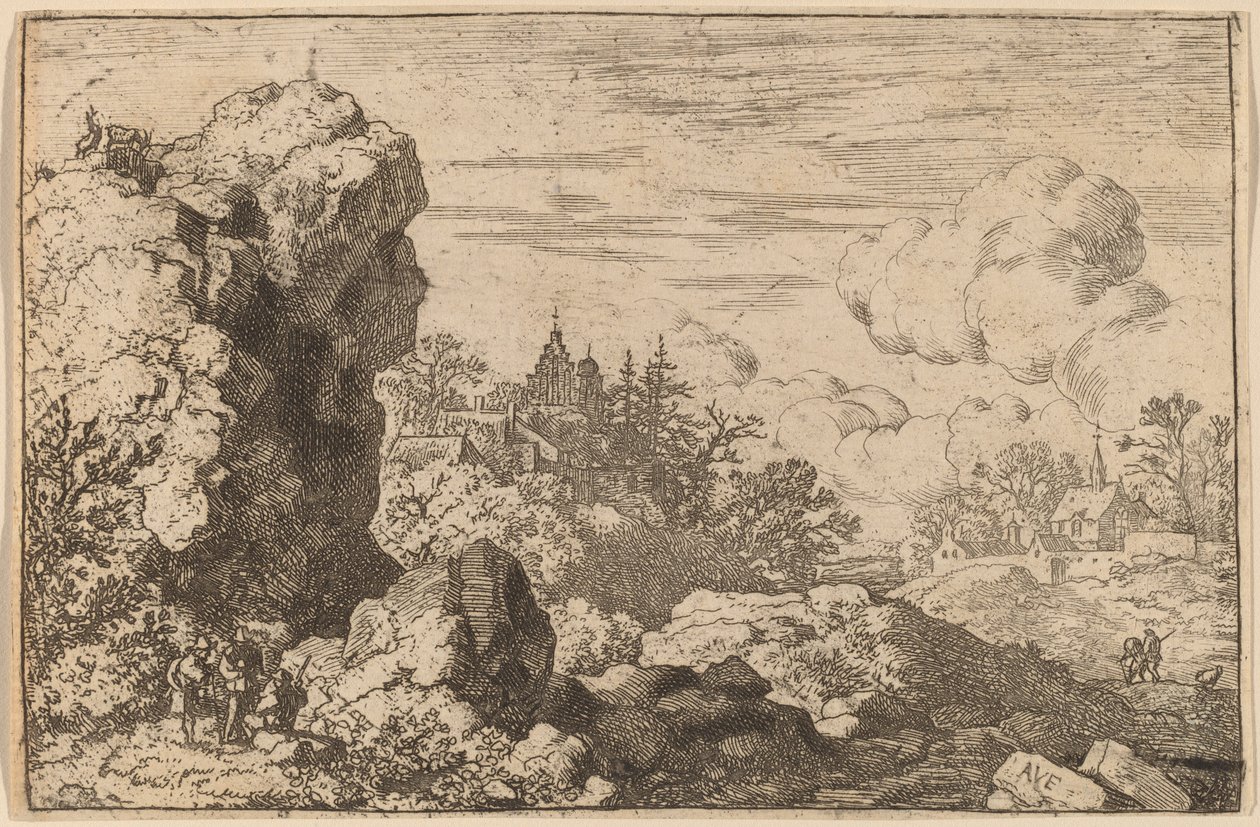 Tre reisende ved foten av en høy stein, sannsynligvis ca. 16451656. av Allart van Everdingen