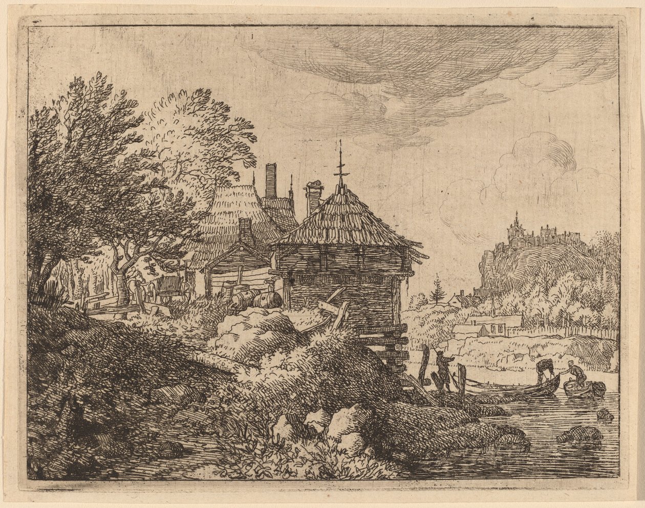 To båter nærmer seg en hytte, sannsynligvis ca. 16451656. av Allart van Everdingen