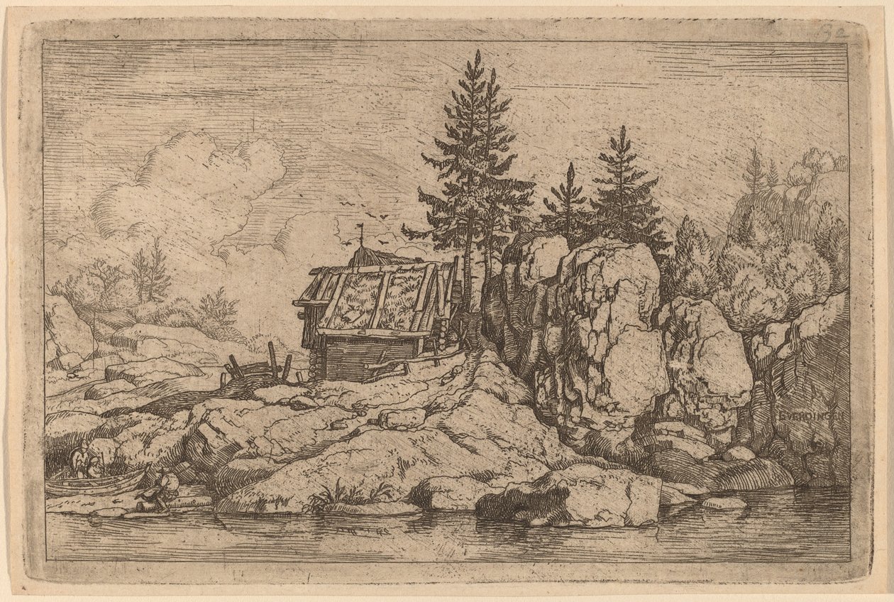 To grantrær nær hytter, sannsynligvis ca. 16451656. av Allart van Everdingen