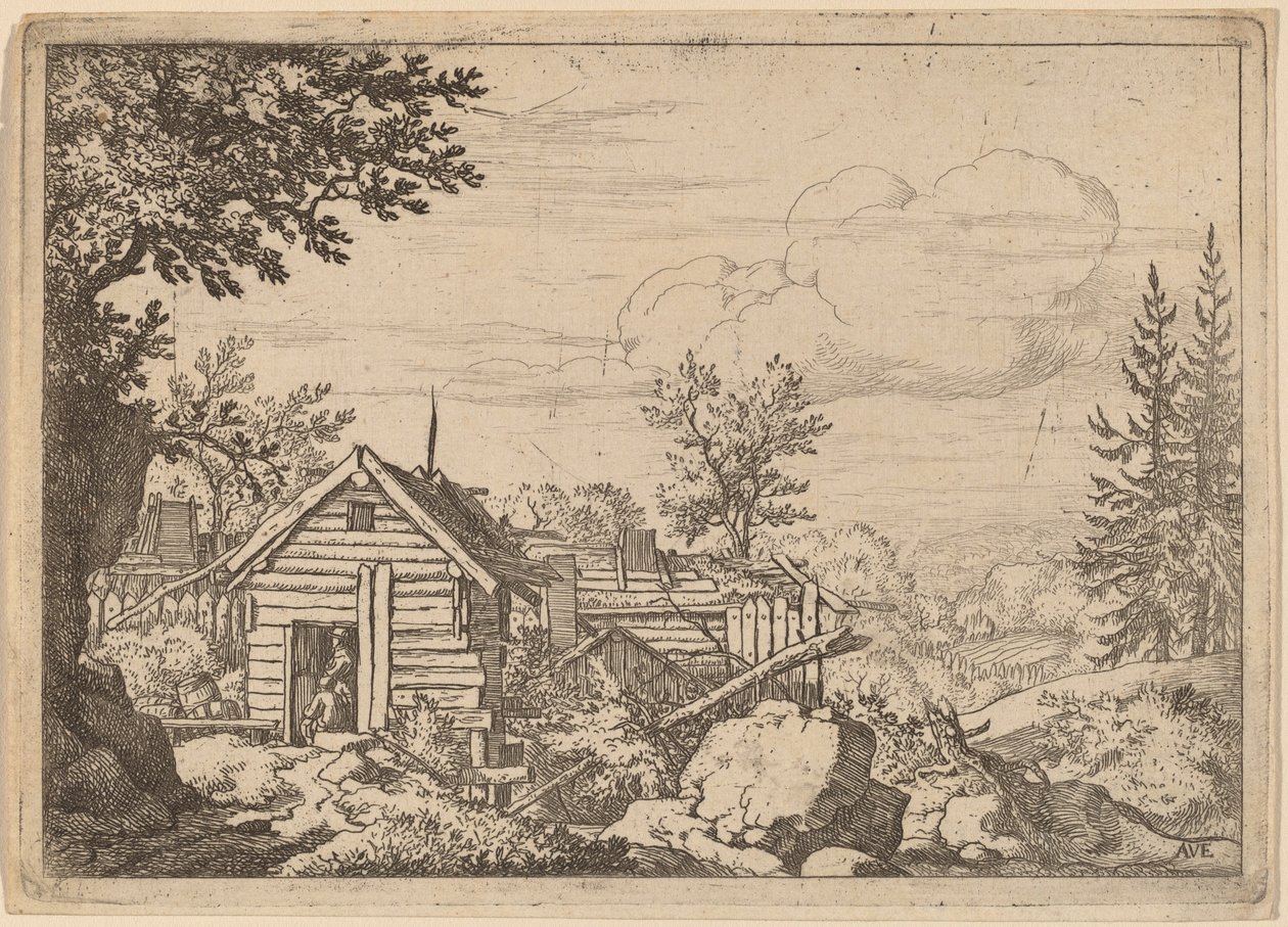 To menn i døråpningen til en hytte, sannsynligvis ca. 16451656. av Allart van Everdingen
