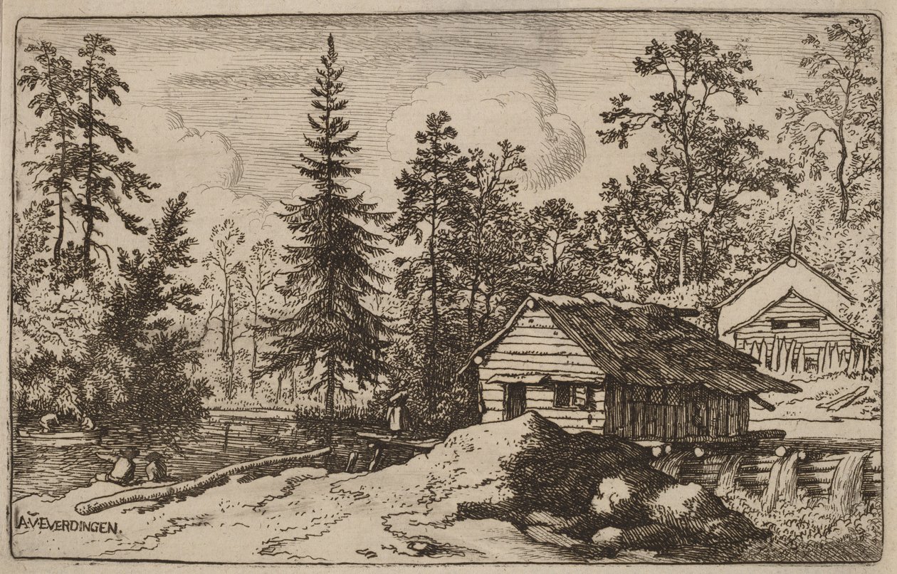Kvinne i et elvelandskap som ser mot en båt av Allart van Everdingen