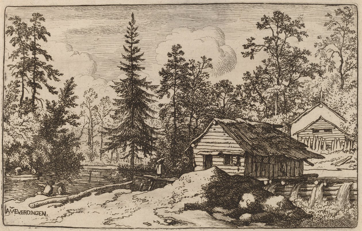 Kvinne i et elvelandskap ser mot en båt, sannsynligvis ca. 16451656. av Allart van Everdingen