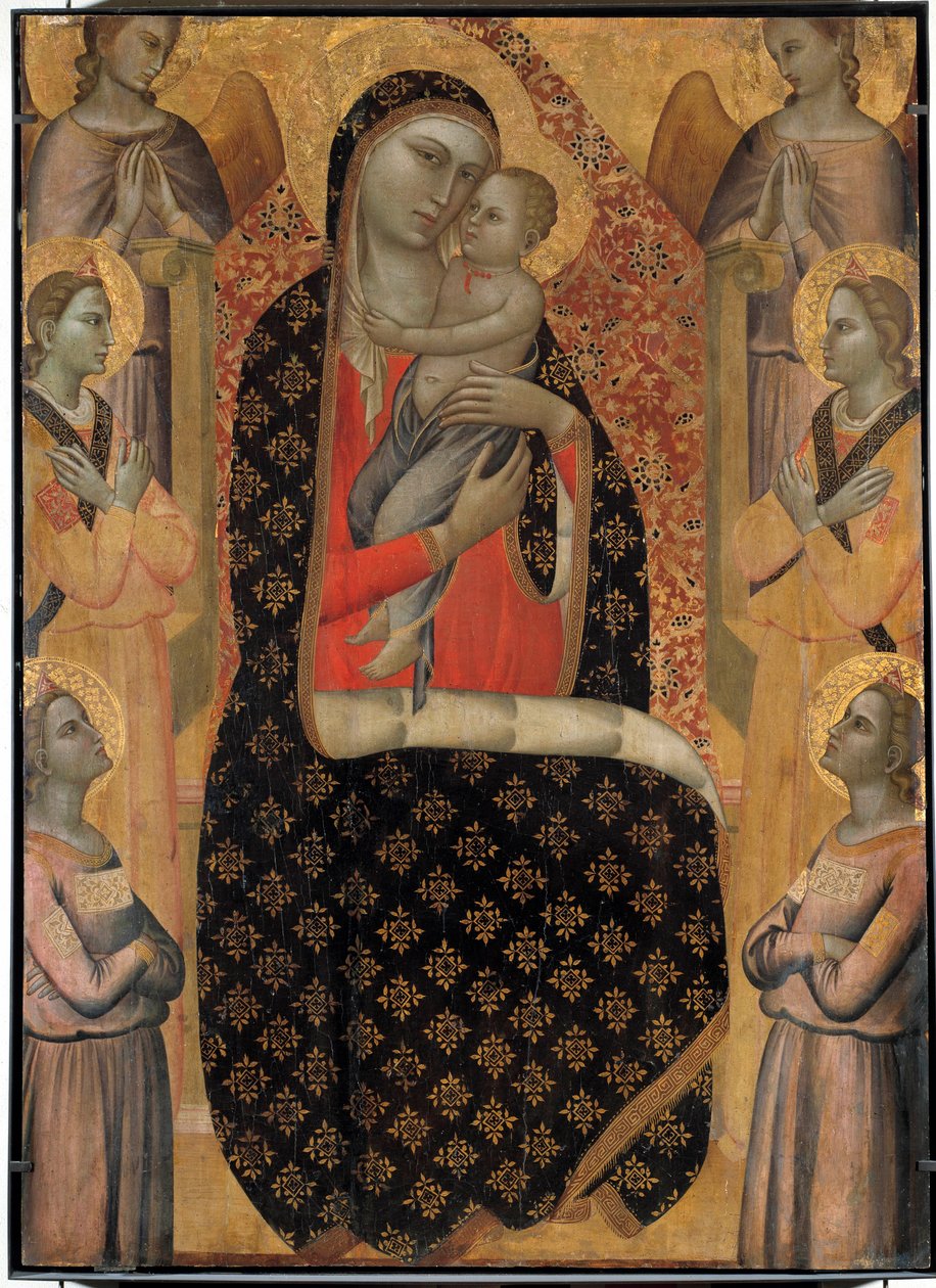 The Majestic Virgin omgitt av seks engler Altertavle av Allegretto Nuzi (1350-1375). Dim. 138 x 99 cm. Avignon, museum for det lille palasset av Allegretto Nuzi