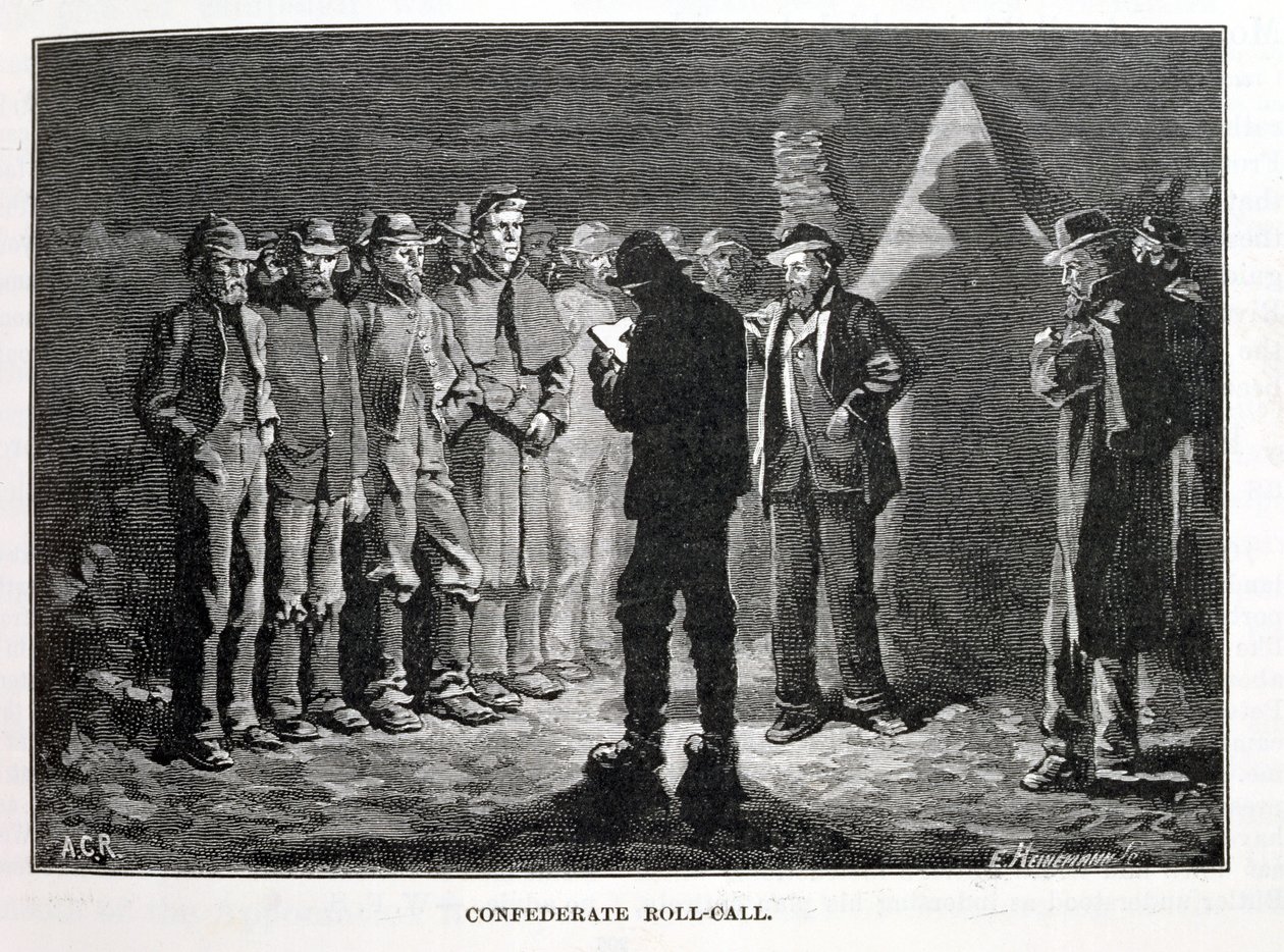 Confederate Roll-call, gravert av Ernst Heinemann (1848-1912), illustrasjon fra 