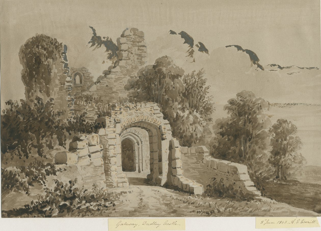 Dudley Castle - The Gateway: rød-sepia vasketegning, 8. juni 1843 av Allen Edward Everitt