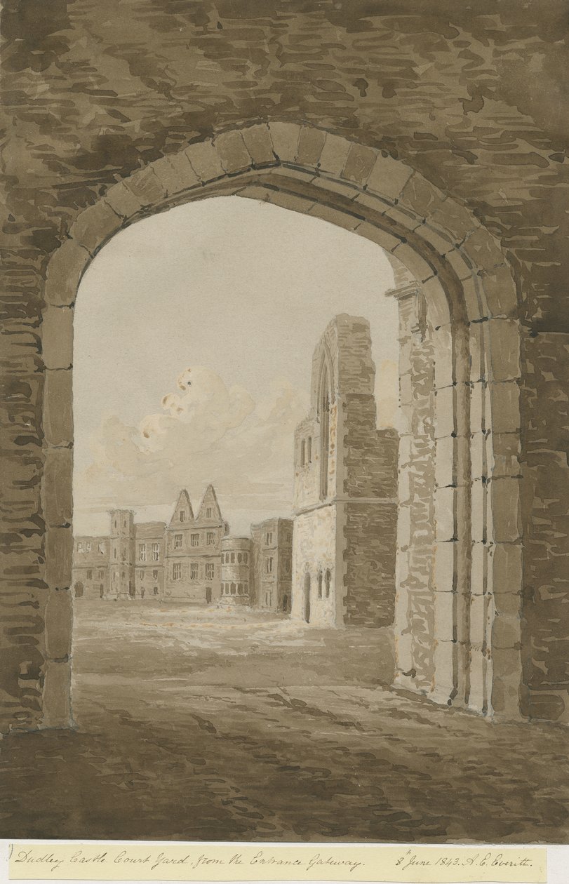 Dudley Castle - The Keep: rød-sepia-tegning, 8. juni 1843 av Allen Edward Everitt