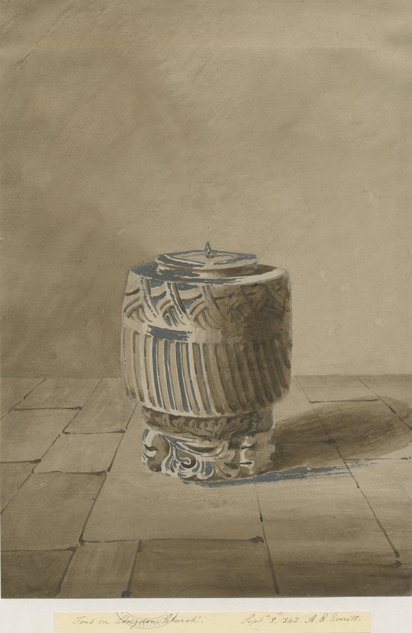 Font i Longdon Church: sepia vasketegning, 8. september 1842 av Allen Edward Everitt