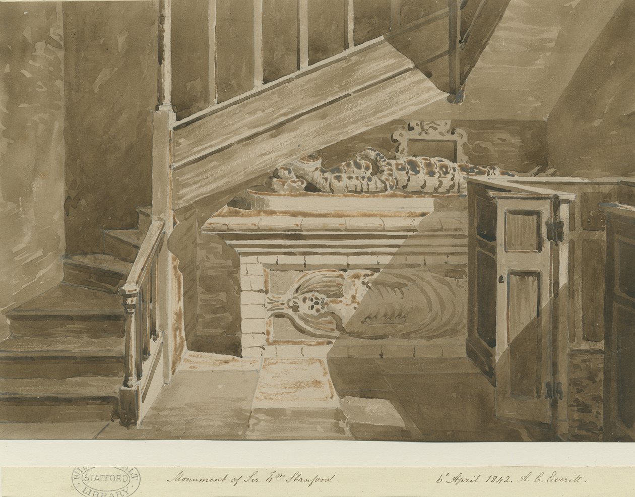 Handsworth - Monument of Sir William Stanford: sepia-tegning, 6. april 1842 av Allen Edward Everitt