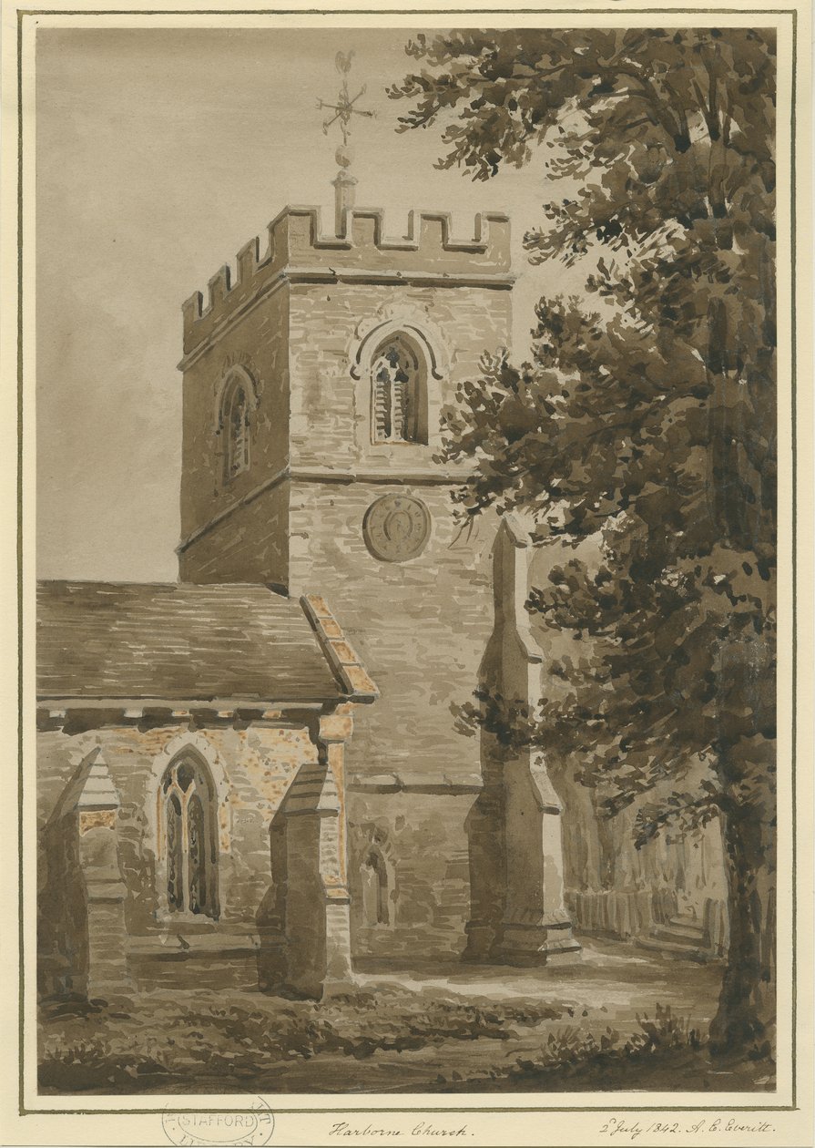 Harborne Church: rød sepia-tegning, 2. juli 1842 av Allen Edward Everitt