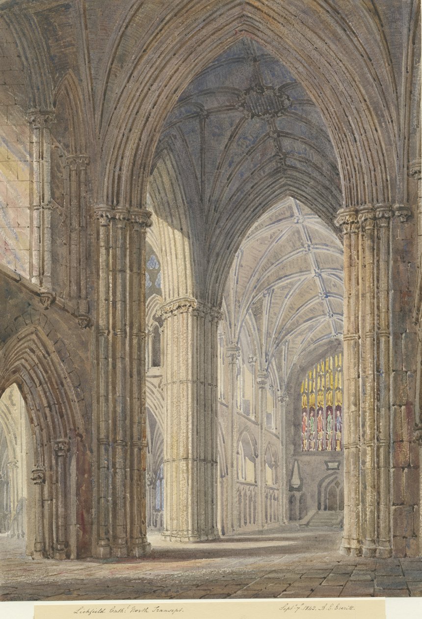Interiør i Lichfield Cathedral - North Transept: vannfargemaleri, 7. september 1842 av Allen Edward Everitt