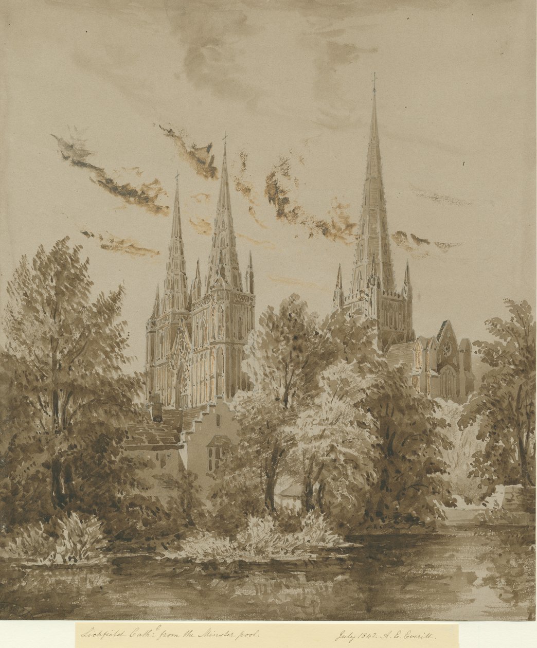 Lichfield Cathedral - South West View: sepia-tegning, juli 1842 av Allen Edward Everitt