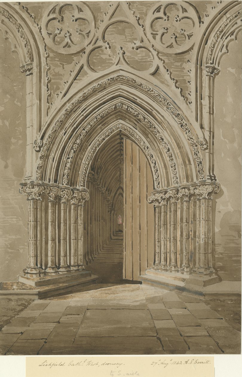 Lichfield Cathedral - West Doorway: rød/brun sepia-tegning, 27. august 1842 av Allen Edward Everitt
