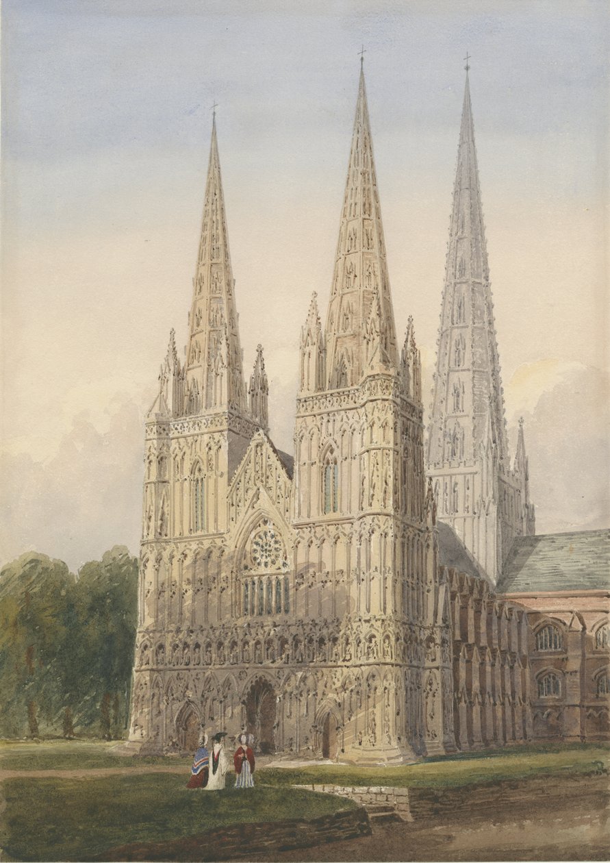 Lichfield Cathedral - West Front: vannfargemaleri, nd [6. september 1842] av Allen Edward Everitt