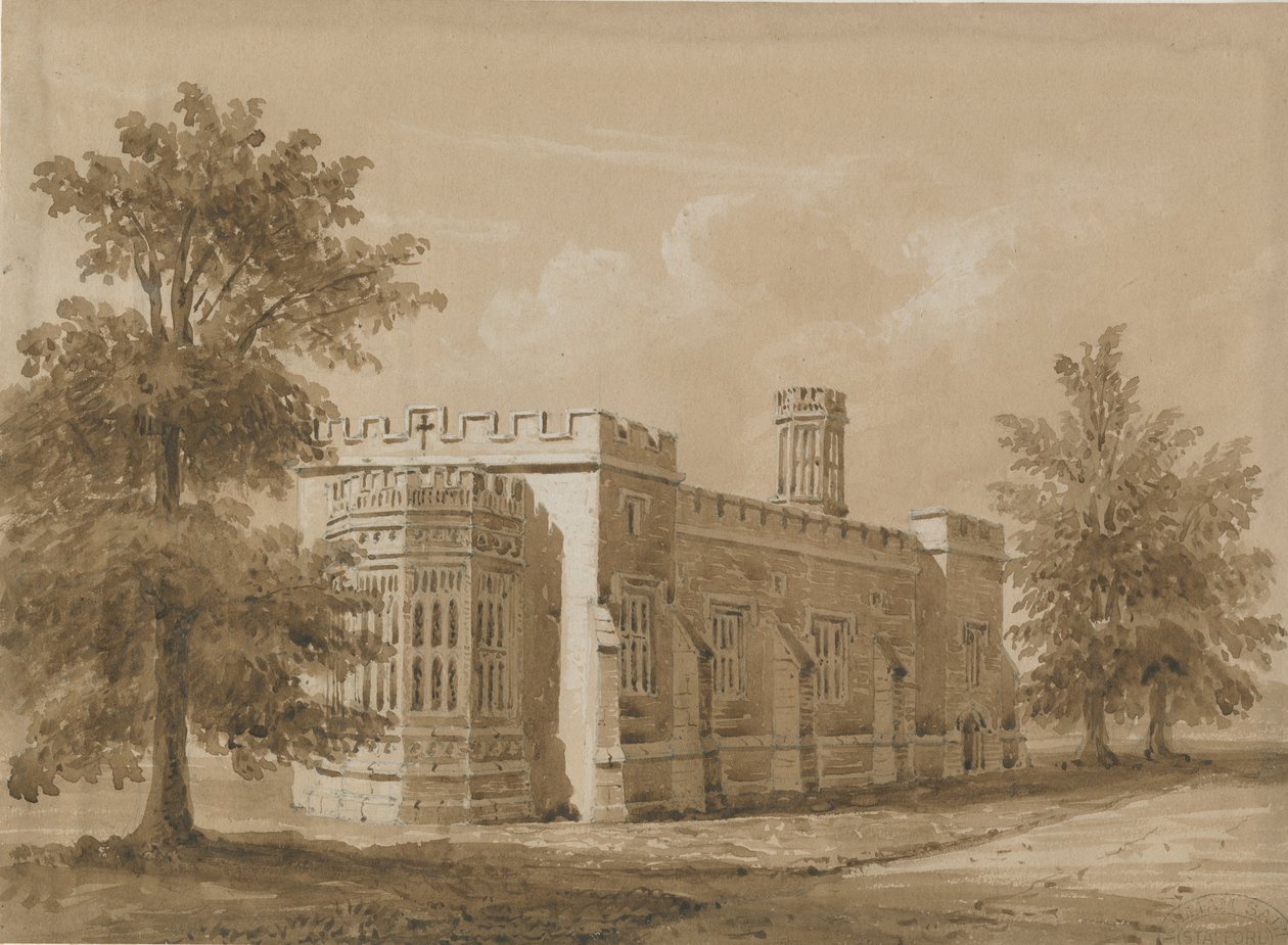Tixall - kapell i Tixall Hall: rød-sepia vasketegning, nd [jul 1842] av Allen Edward Everitt