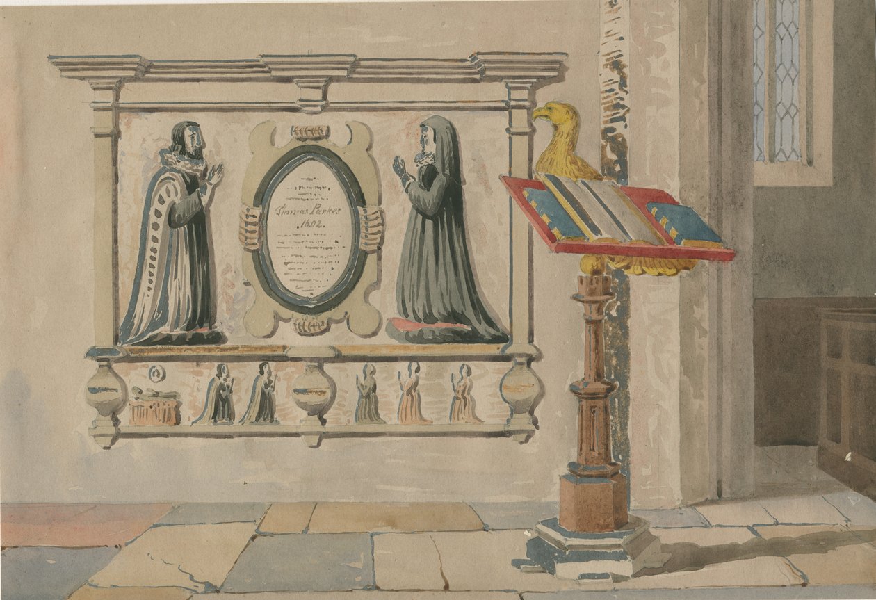 Wednesbury Church - Monument til Thomas og Eleanor Parkes: vannfargemaleri, 23. mars 1843 av Allen Edward Everitt