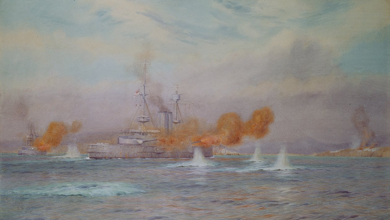 H.M.S. Albion kommandert av kaptein A. Walker-Heneage fullførte ødeleggelsen av de ytre fortene til Dardanellene i 1915, 1925 av Alma Claude Burlton Cull
