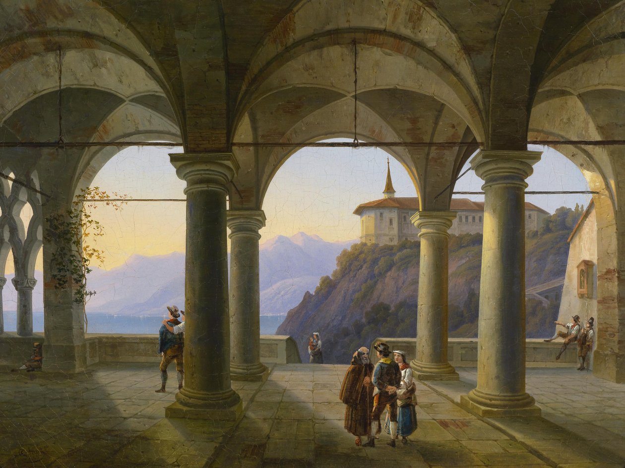 Søyleterrasse med figurantal og utsikt over et fjellvann av Alois Gustav Schulz