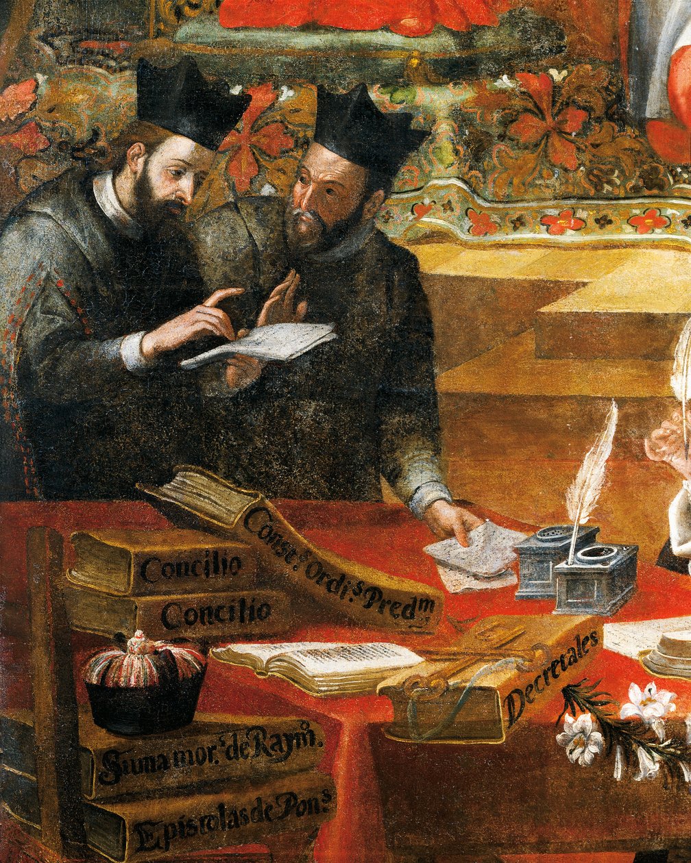 Diskusjon mellom to jesuitter, detalj fra St. Raymond av Penafort, rådgiver for pave Gregor IX, av Alonso Antonio Villamor (1661-1729). Fra St Steven