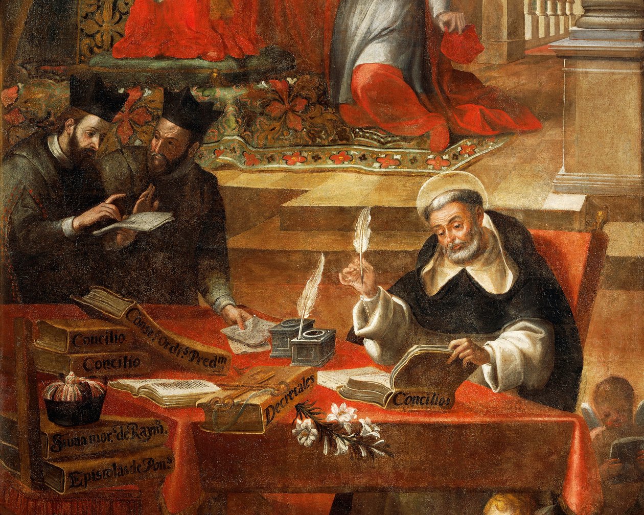 To jesuitter snakker mens St. Raymond skriver rådet, detalj fra St. Raymond av Penafort, rådgiver for pave Gregor IX, av Alonso Antonio Villamor (1661-1729). Fra klosteret St Esteban, Salamanca, Spania. av Alonso Antonio Villamor
