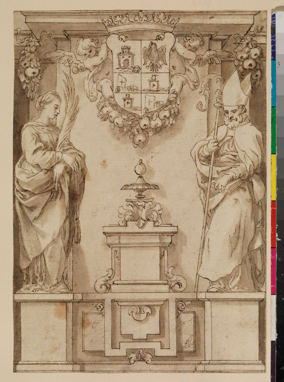 Design for en tittelside med to helgener på sokkel og et tenkt spansk våpenskjold, 1600-tallet av Alonso Cano