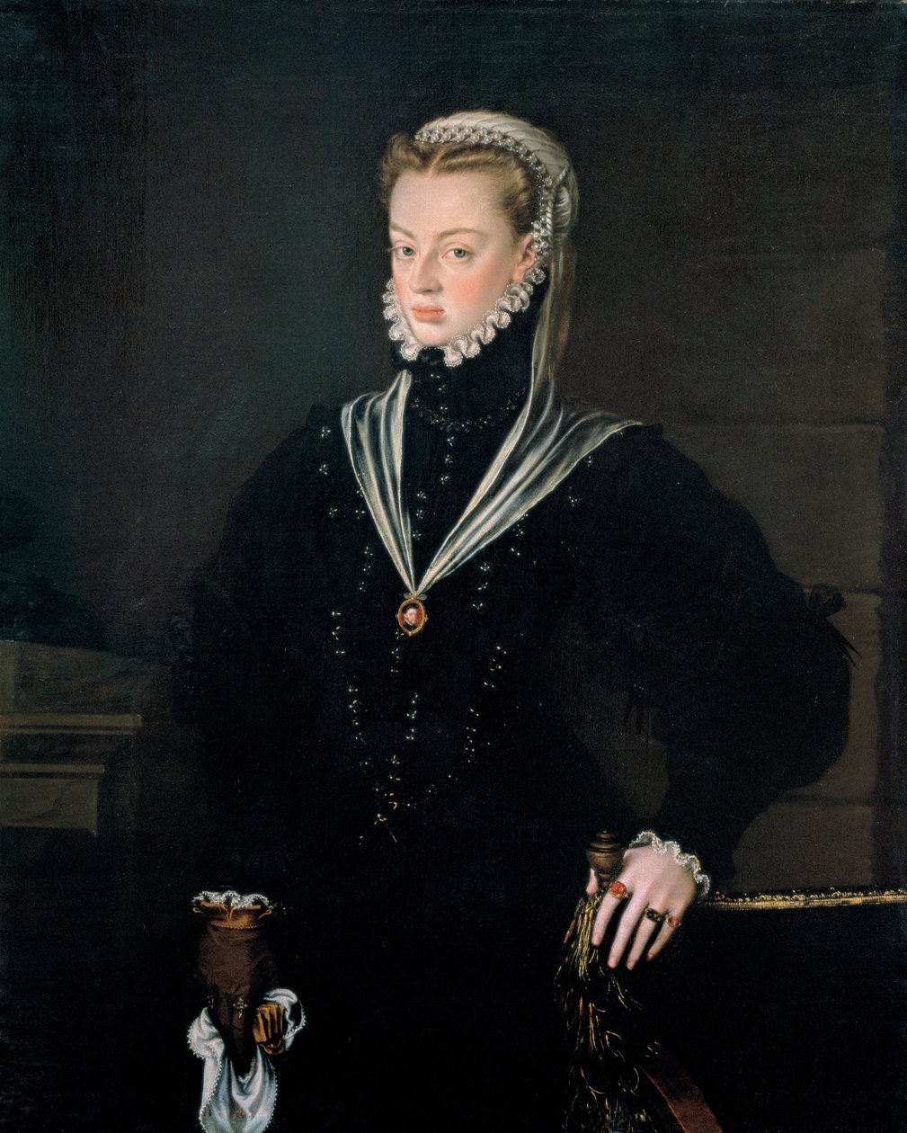 Portrett av erkehertuginne Joanna av Østerrike (1535-1573), prinsesse av Portugal - Maleri av Alonso Sanchez Coello (1531-1588), olje på lerret, ca. 1557 (116x93,5 cm) - Portrett av erkehertuginne Joanna av Østerrike (15735-1535) ), prinsesse av Portugal,  av Alonso Sánchez Coello