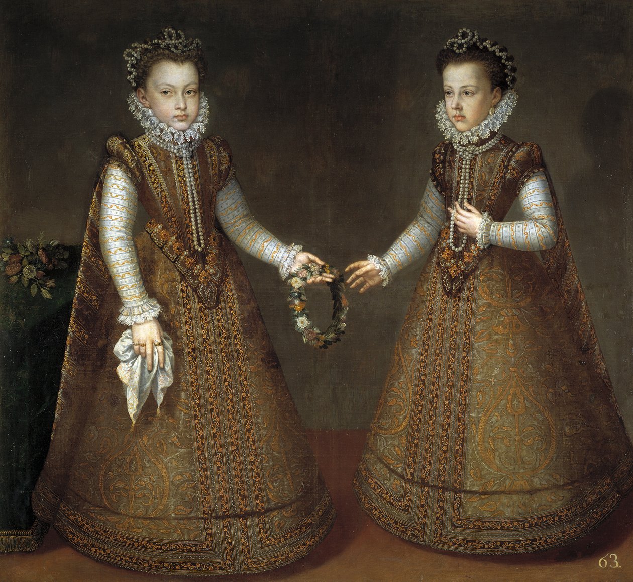 Infantas Isabel Clara Eugenia (Isabelle Claire Eugenie av Østerrike) (1566-1633) og Catherine Michelle av Spania (1567-1597) (Catherine Michelle av Østerrike) av Sanchez Coello, Alonso (1531-1588), ca. 1575 - Olje på lerret av Alonso Sánchez Coello