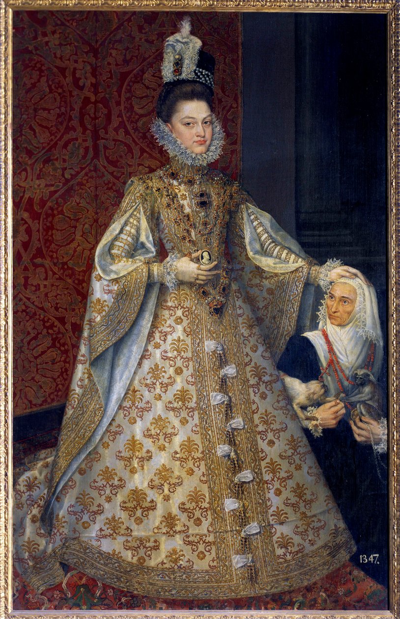 Portrett til fots av Spanias spedbarn Isabelle Clara Eugenie av Habsburg, suveren over Nederland og Magdalena Ruiz Maleri av Alonso Sanchez Coello (1531-1588) Søn. 1,29 X 2,07 m. 1585. Madrid. Musee du Prado - Portrett av spedbarnet i full lengde av Alonso Sánchez Coello