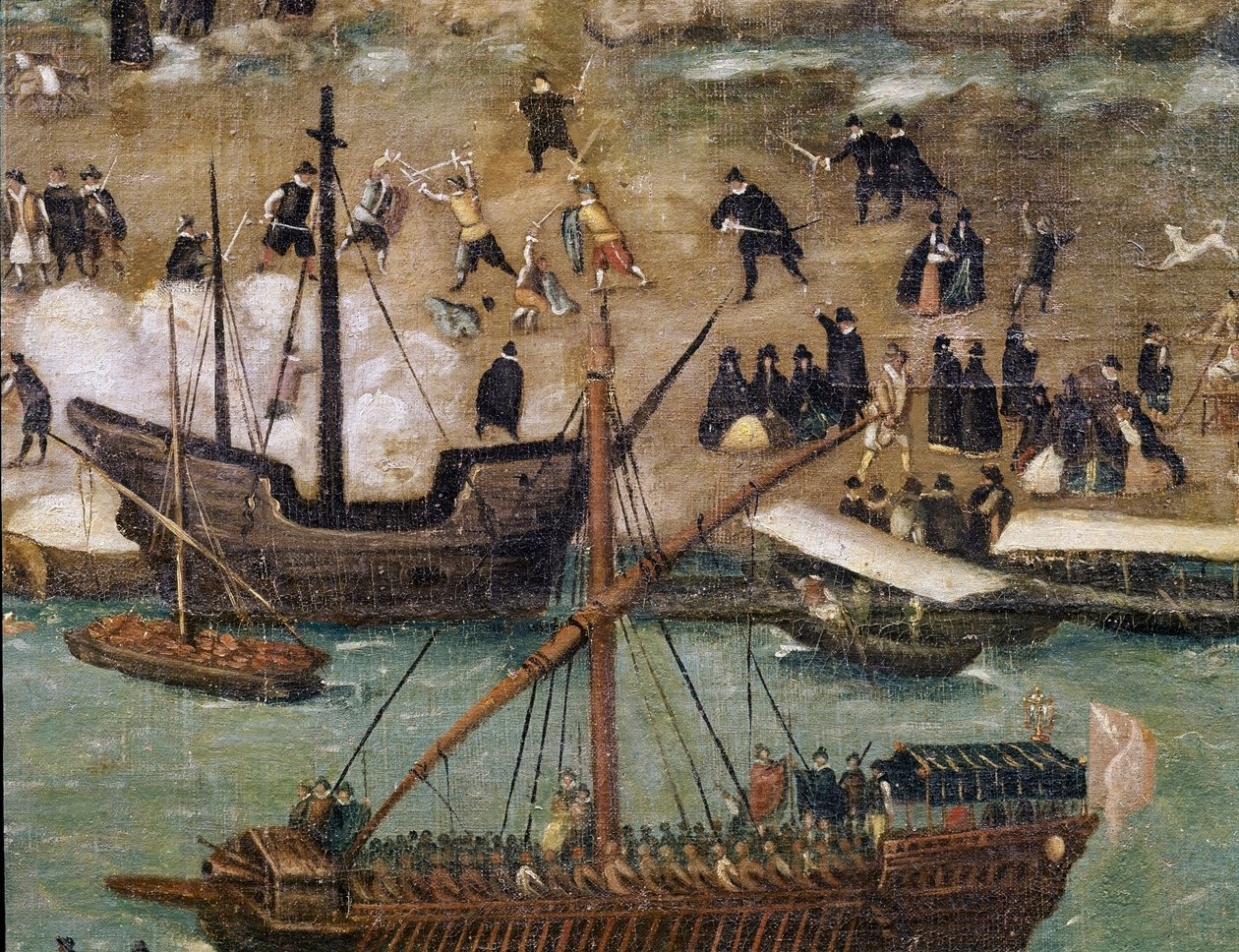 The City of Seville, detail the harbour (Painting, end 16th century) av Alonso Sánchez Coello