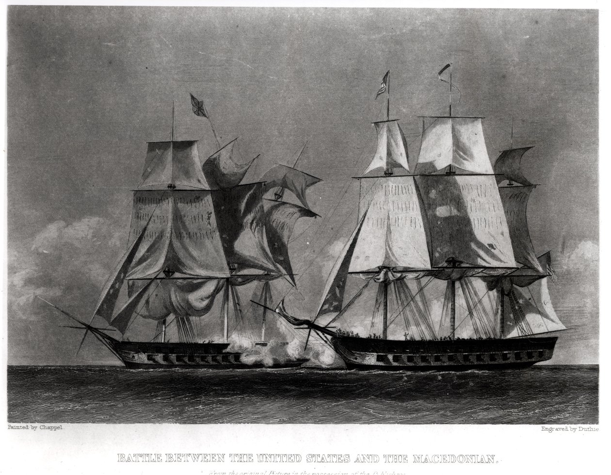 Slaget mellom USA og makedoneren, 30. oktober 1812, gravert av Duthie av Alonzo Chappel