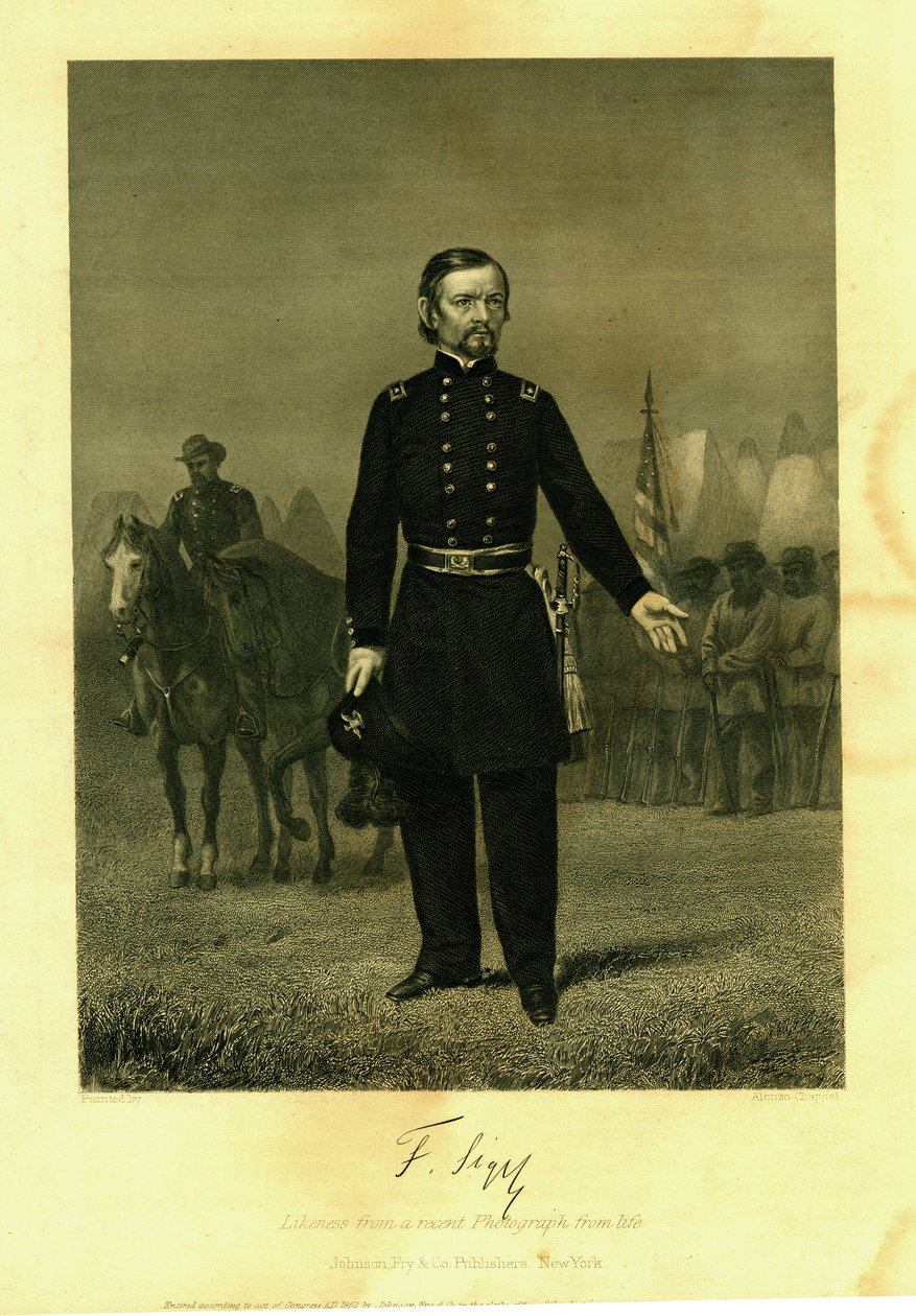 Trykk av general Siegel i uniform med sverd. Soldater med et slagflagg av Alonzo Chappel