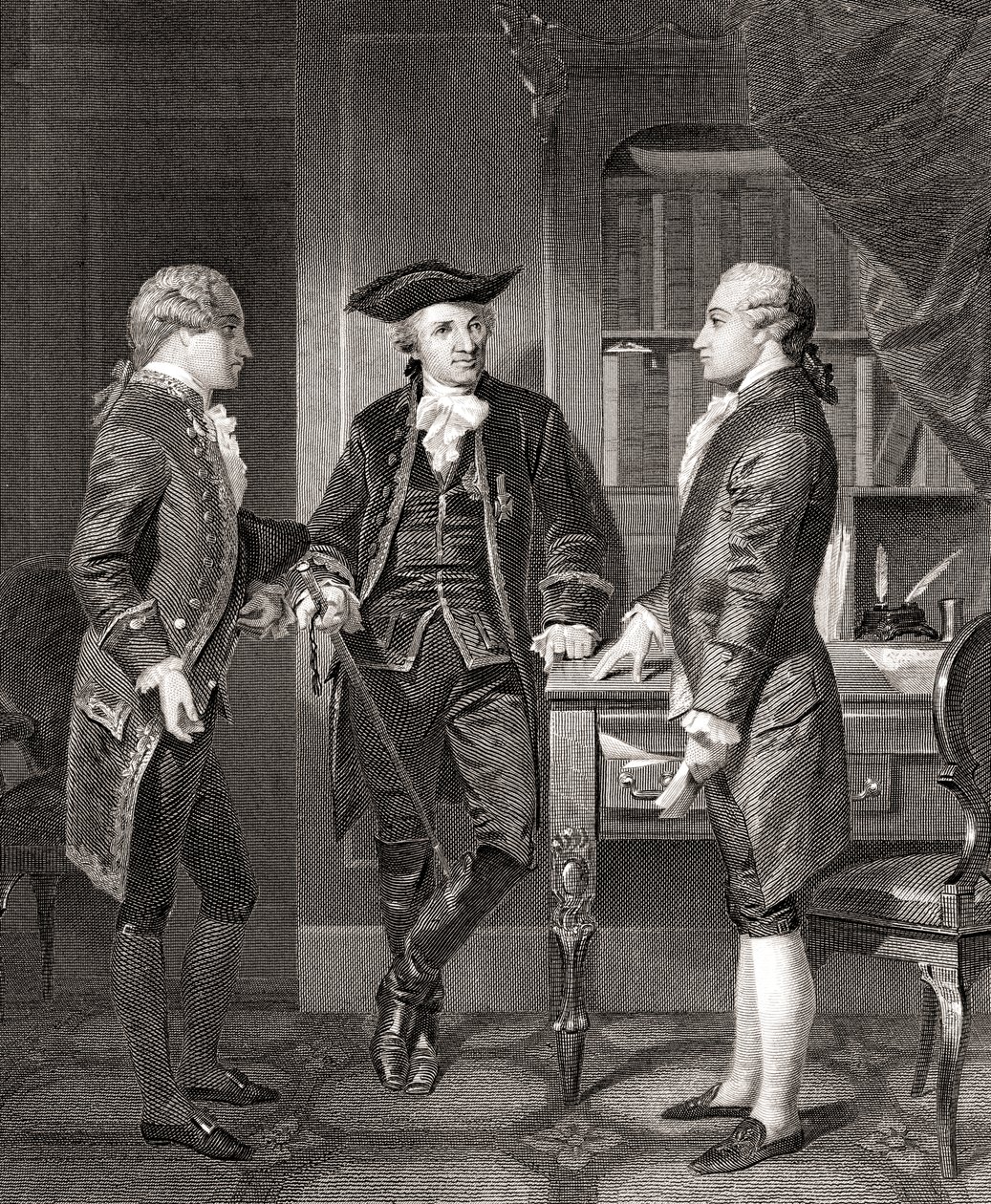 Johann Henry Jules Alexandre von Robaii, Baron de Kalb introduserer Lafayette til Silas Deane, fra Life and Times of Washington, bind 1, pub. i 1857 av Alonzo (after) Chappel