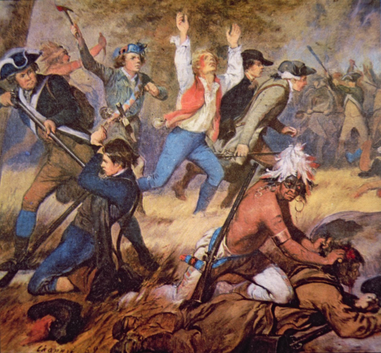 Massakren i Wyoming Valley i juli 1778 (farge litho) (detalj) av Alonzo (after) Chappel