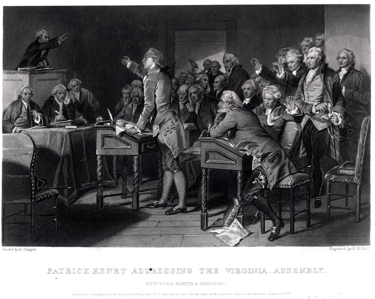 Patrick Henry taler til Virginia Assembly, mars 1775 gravert av Henry Bryan Hall (1808-84), 1856 av Alonzo Chappel