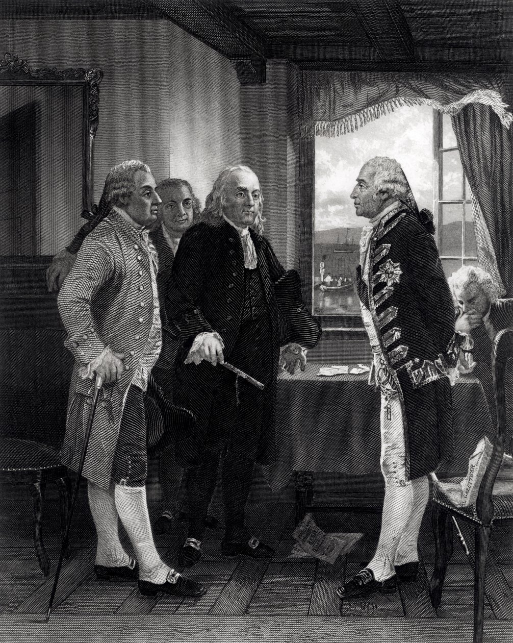 Fredskonferansen på Staten Island, intervju mellom Lord Howe og kongresskomiteen, 11. september 1776 av Alonzo Chappel