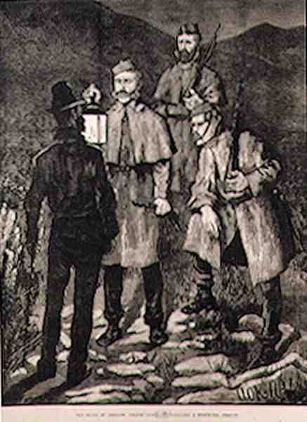 The State of Ireland: Police Patrol utfordrer en mistenkt person, fra The Illustrated London News, 8. juni 1881 av Aloysius C. OKelly