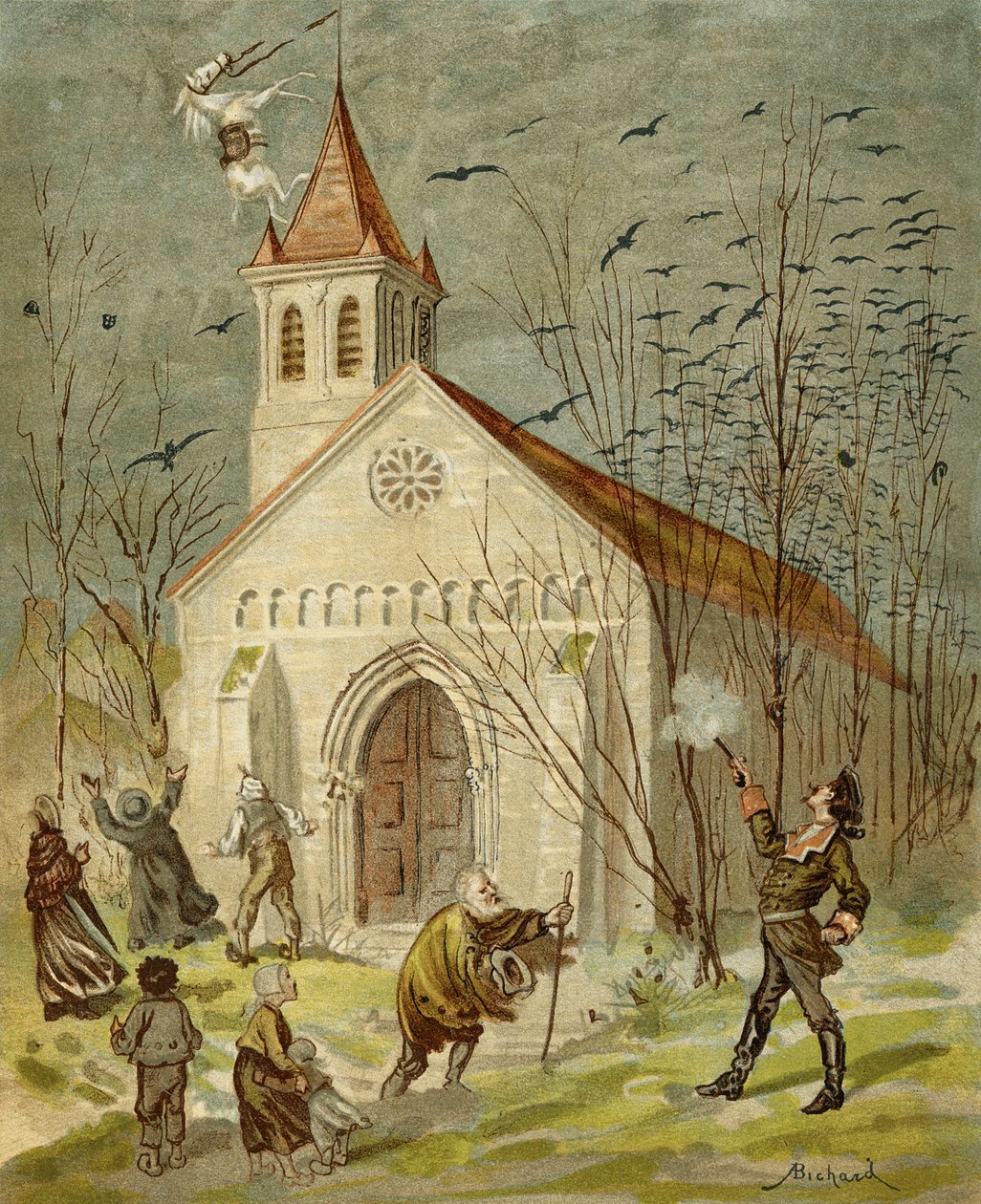 Baronen beviser at han er et godt skudd, fra 'The Adventures of Baron Munchausen' av Rudolf Erich Raspe (1736-94) utgitt ca. 1886 av Alphonse Adolphe Bichard