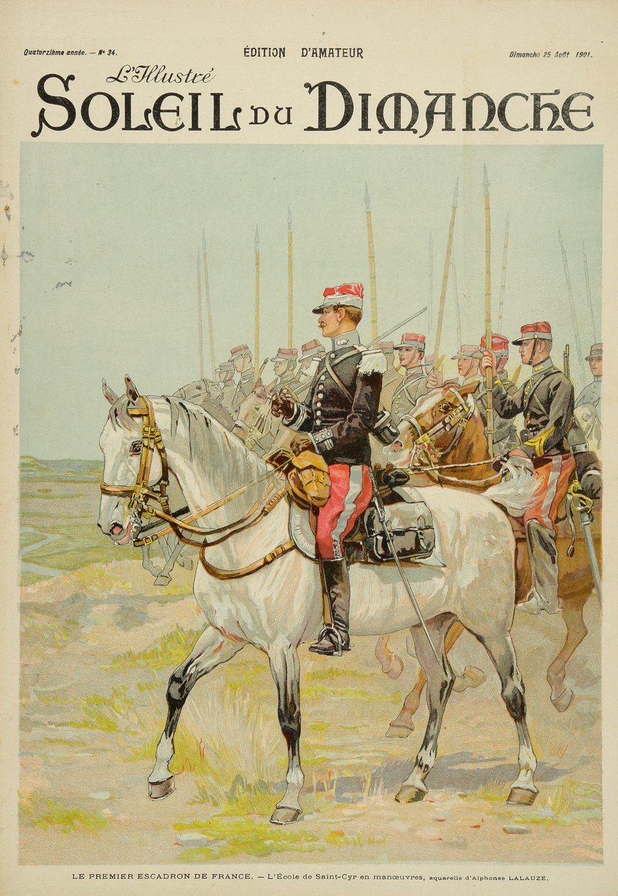 Den første skvadronen i Frankrike, Saint-Cyr skolemanøvrer, illustrasjon fra forsiden av 'Soleil du Dimanche' 25. august 1901 av Alphonse Lalauze